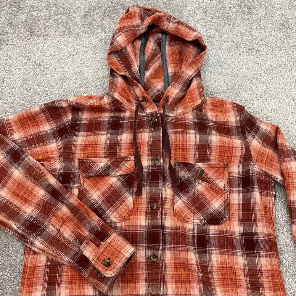 Carhartt Hooded Flannel Shirt Womens Small Orange Plaid Button-Down Fall Cabin